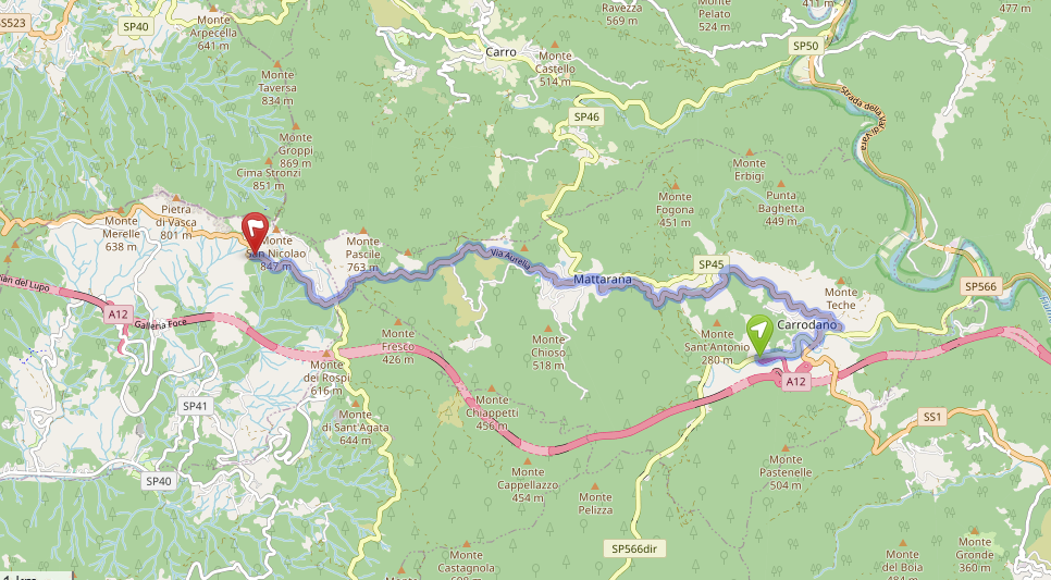Percorso da Carrodano al Passo del Bracco su OpenStreetMap